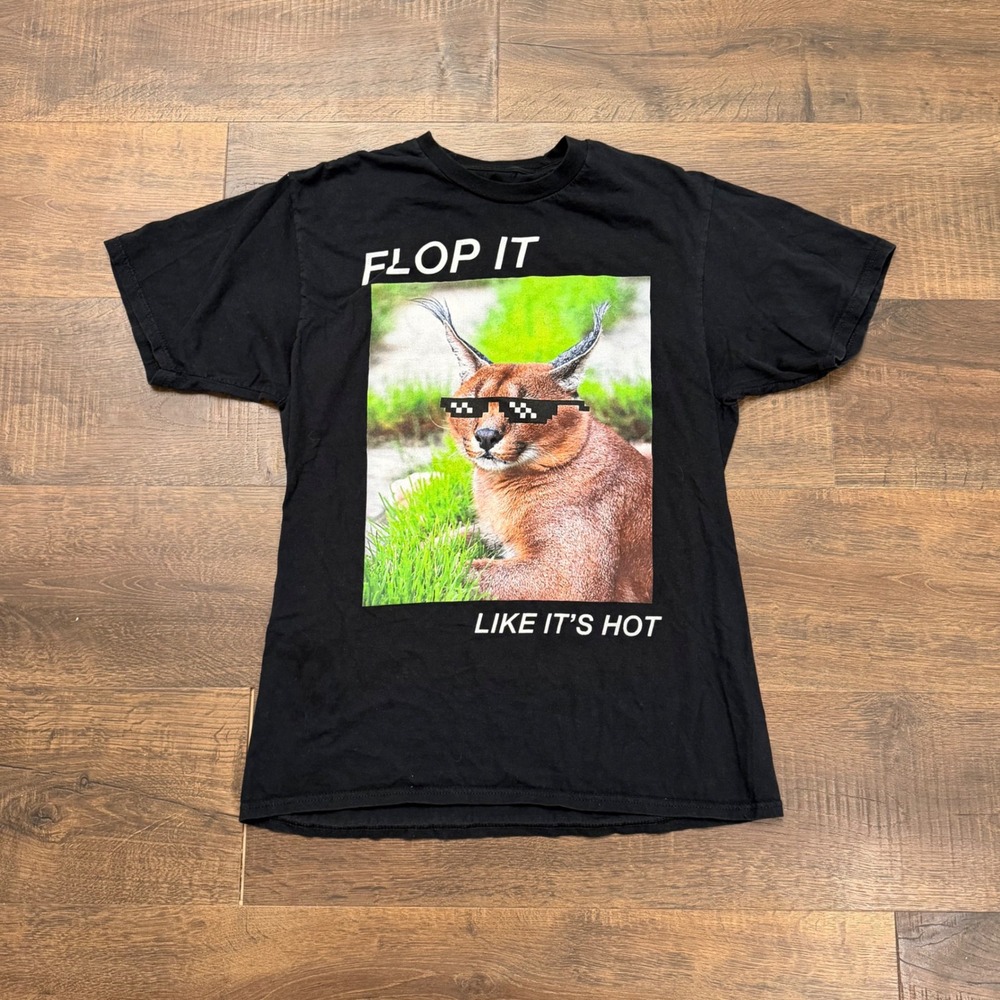 Flop It Like Its Hot Big Floppa Meme T-Shirt Black Mens Large Graphic Tee